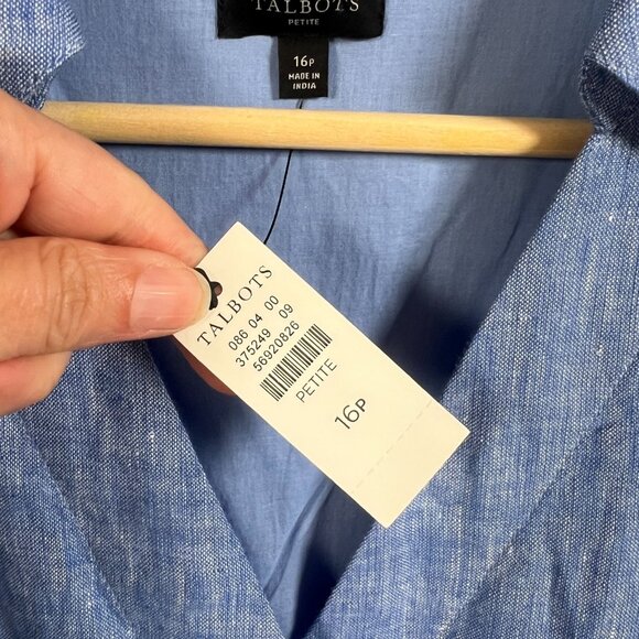 Talbots Linen Faux Wrap Dress Size 16 Petite Blue Minimal Coastal Work Midi - Picture 4 of 8